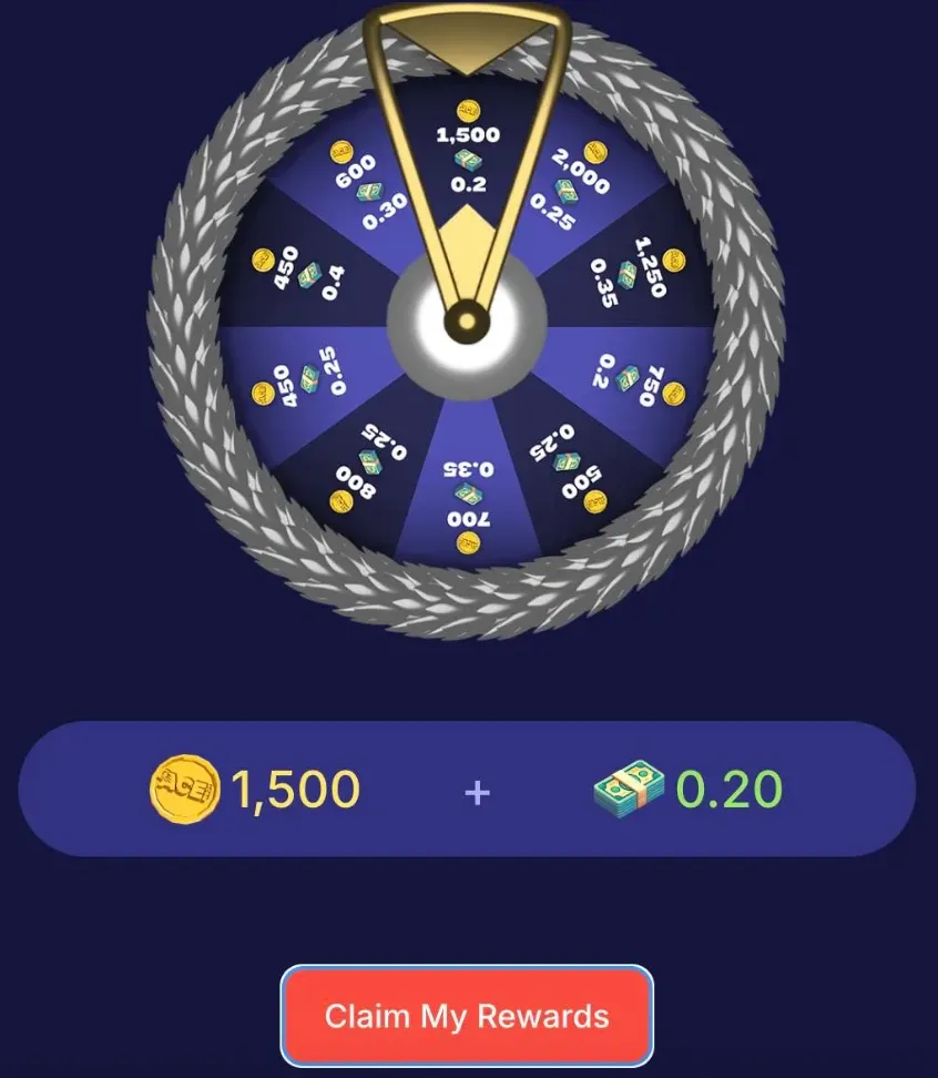 ACE.com daily reward wheel with Gold Coin and Sweeps Coin amounts on each segment, showing 1,500 Gold Coins and 0.20 Sweeps Coins above a Claim My Rewards button