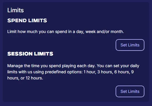ACE.com Limits panel with spend limits for a day, week or month and daily session limits of 1, 3, 6, 9 or 12 hours, each with a Set Limits button