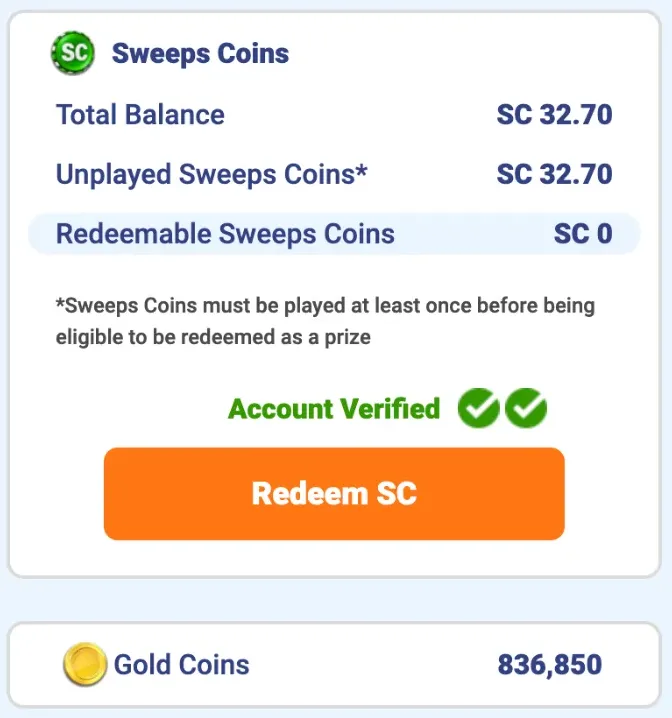 Baba Casino balance panel showing 32.70 unplayed Sweeps Coins, 0 redeemable Sweeps Coins, a verified account and a Redeem SC button