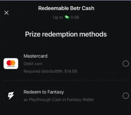 Betr Casino prize redemption window listing a Mastercard debit card and Redeem to Fantasy