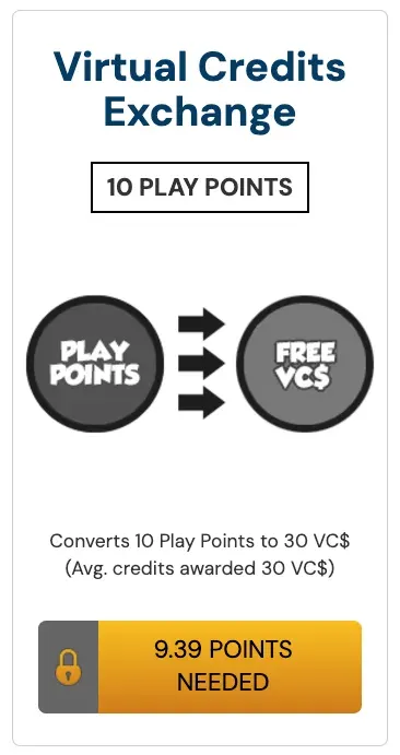 BetRivers.net Rewards Center card for the Virtual Credits Exchange, converting 10 Play Points to 30 VC$, with a locked button reading 9.39 points needed