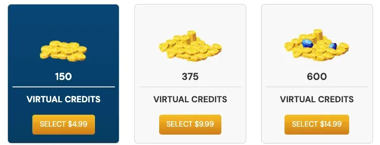 BetRivers.net VC$ Store showing three packages: 150 Virtual Credits for $4.99, 375 for $9.99 and 600 for $14.99