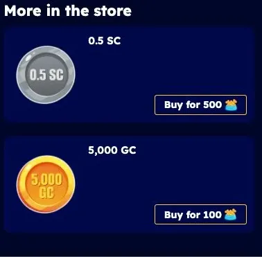 Big Shot Games store panel listing 0.5 SC for 500 Bones and 5,000 GC for 100 Bones