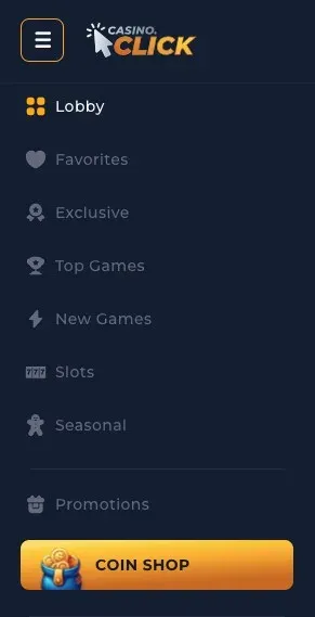 Casino.click lobby menu listing Lobby, Favorites, Exclusive, Top Games, New Games, Slots, Seasonal and Promotions, with a Coin Shop button below