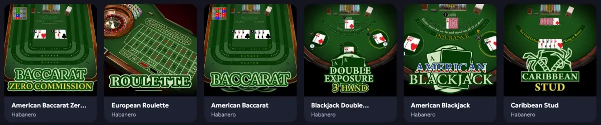 Row of six table game tiles in the Chip'n WIN lobby: baccarat, roulette, blackjack and Caribbean Stud, each labeled Habanero