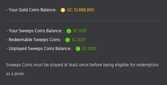 Chumba Casino balance window listing the Gold Coins balance, the Sweeps Coins balance, redeemable Sweeps Coins and unplayed Sweeps Coins