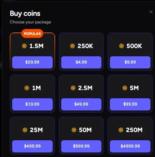 CoinsBack Buy coins window listing nine Gold Coin packages priced from $4.99 to $4,999.99