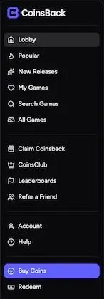 CoinsBack left-hand menu listing Lobby, Popular, New Releases, Claim Coinsback, CoinsClub, Leaderboards, Refer a Friend, Help, Buy Coins and Redeem