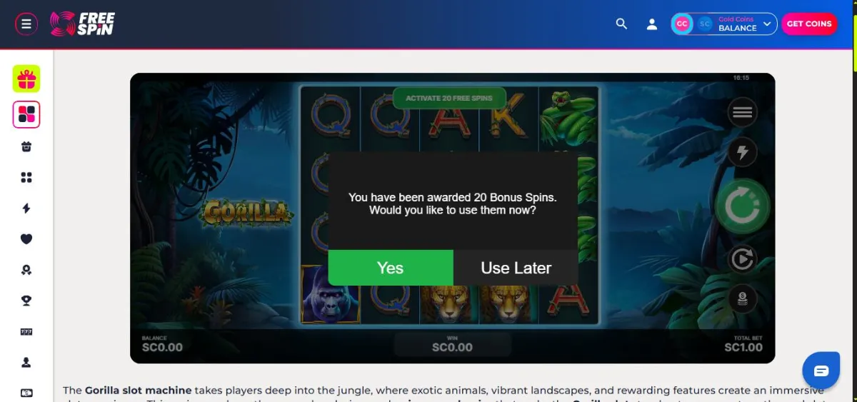 Gorilla slot at FreeSpin Casino with a pop-up saying 20 Bonus Spins have been awarded