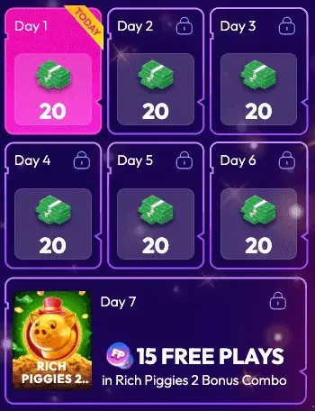 Funrize daily reward panel showing 20 a day for days 1 to 6 and 15 free plays on Rich Piggies 2 Bonus Combo on day 7
