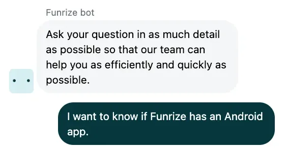 Funrize live chat where a bot asks for more detail and we ask whether Funrize has an Android app
