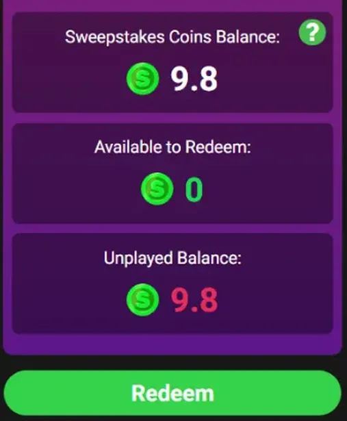 Go Go Gold redeem screen showing a Sweepstakes Coins balance of 9.8, 0 available to redeem and an unplayed balance of 9.8