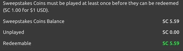 Hello Millions Redeem screen showing a Sweepstakes Coins balance of SC 5.59, with SC 0.00 unplayed and SC 5.59 redeemable