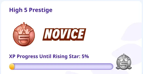 High 5 Prestige panel showing the Novice rank and an XP progress bar at 5% toward the next rank