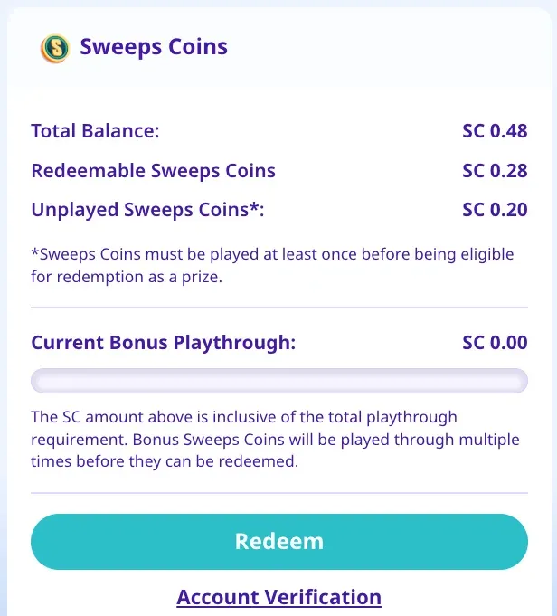 High 5 Casino Sweeps Coins panel listing total, redeemable and unplayed Sweeps Coins, a Current Bonus Playthrough meter, a Redeem button and an Account Verification link