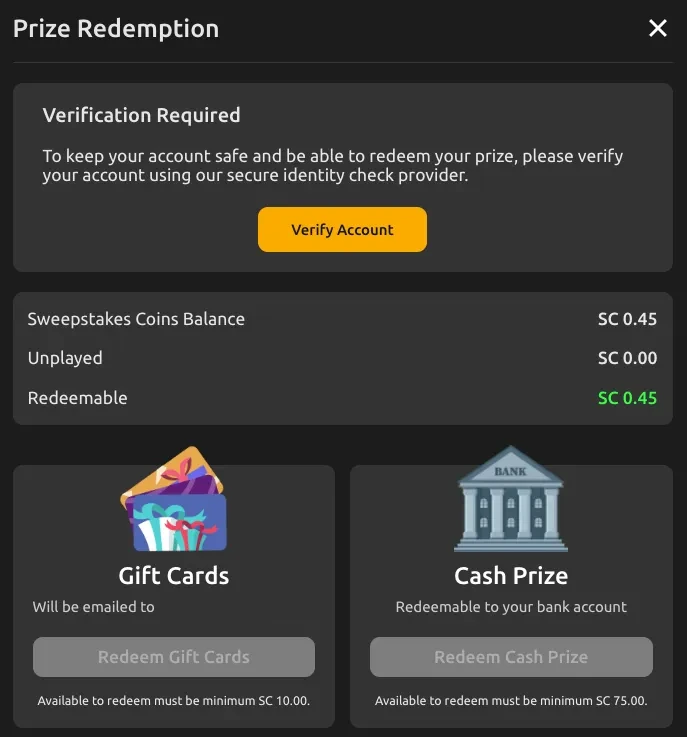 Jackpota Prize Redemption window asking for identity verification, showing Sweepstakes Coins balances and minimums of SC 10 for gift cards and SC 75 for a cash prize