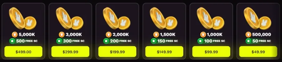 JackpotRabbit coin store row of six standard Game Coin packages, each with free Super Coins, priced from $49.99 upward