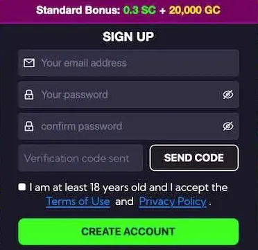 Lavish Luck sign-up form headed Standard Bonus 0.3 SC plus 20,000 GC, with email, password, verification code and age confirmation fields