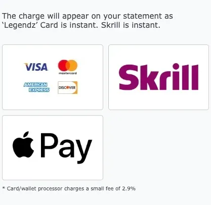 Legendz Casino purchase screen listing card, Skrill and Apple Pay options and a note about a 2.9% processing fee