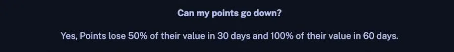 Legendz Casino VIP help text stating that points lose 50% of their value in 30 days and 100% in 60 days