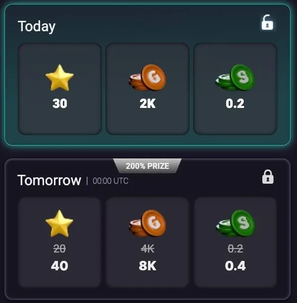 LoneStar Casino Daily Prize panels showing 2,000 GC and 0.2 SC today and 8,000 GC and 0.4 SC tomorrow