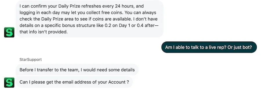 LoneStar Casino live chat asking for the account email before transferring to a support agent