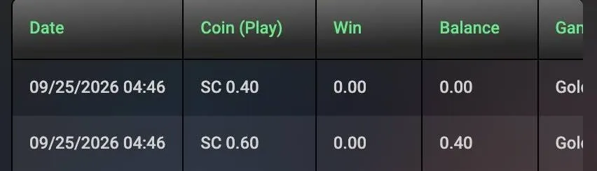 LoneStar Casino play history showing Sweeps Coin plays dated September 25, 2026