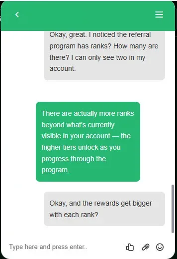 Lucky Bunny live chat in which a support agent says more referral ranks unlock beyond the two shown in the account