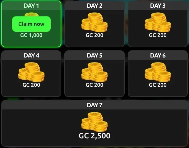 McLuck Casino daily login rewards calendar showing 1,000 GC on Day 1, 200 GC on Days 2 to 6 and 2,500 GC on Day 7