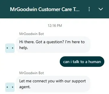 MrGoodwin live chat where a bot greets the player, the player asks to talk to a human, and the bot says it will connect a support agent