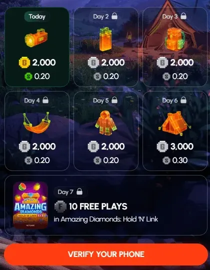 Playtana daily check-in panel showing 2,000 GC and 0.20 SC on Days 1 to 5, 3,000 GC and 0.30 SC on Day 6, and 10 free plays on Day 7, with a Verify your phone button