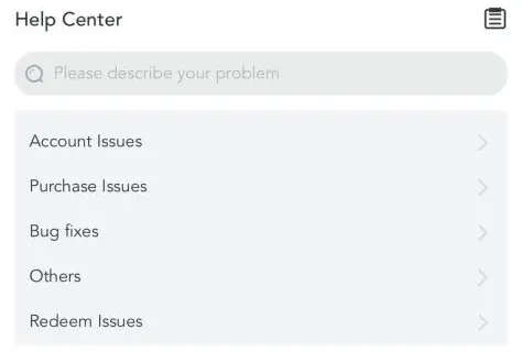 Poly Casino help center with a search box and five topics: Account Issues, Purchase Issues, Bug fixes, Others and Redeem Issues