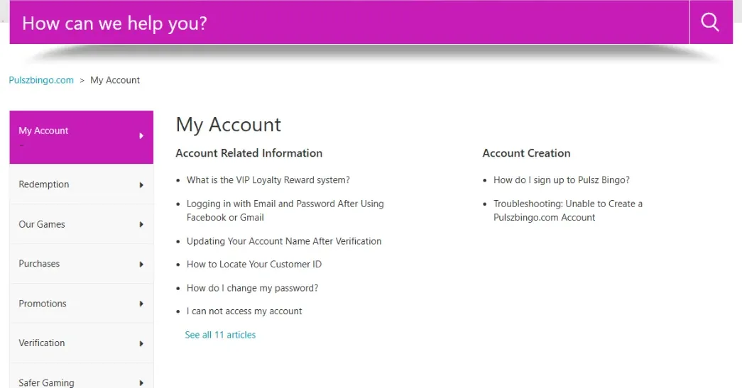 Pulsz Bingo help center showing the My Account section, a topic menu with Redemption, Purchases, Verification and Safer Gaming, and a list of account articles