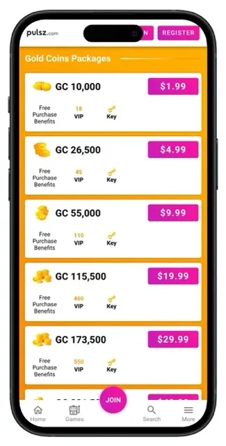 Pulsz coin store on mobile listing Gold Coin packages from 10,000 GC for $1.99 to 173,500 GC for $29.99, each with VIP points