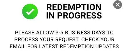 Pulsz Redemption in Progress pop-up asking players to allow 3 to 5 business days