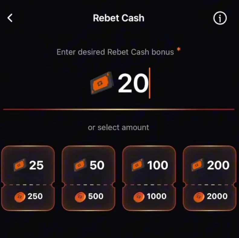 Rebet app screen with an entry box showing a Rebet Cash bonus of 20 and four ready-made options of 25, 50, 100 and 200 Rebet Cash, paired with 250, 500, 1,000 and 2,000 Rebet Coins