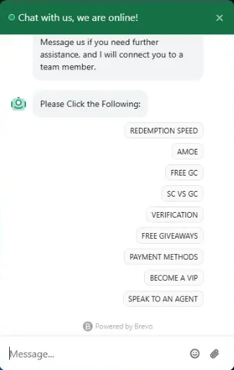 Rich Sweeps live chat window marked online, with topic buttons including Redemption Speed, AMOE, Verification, Payment Methods and Speak to an Agent