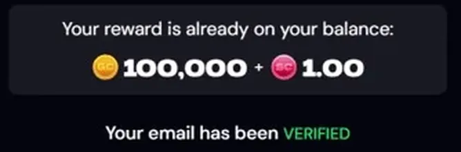 ScarletSands email verification panel showing 100,000 Gold Coins and 1.00 SC added to the balance, with the email marked as verified