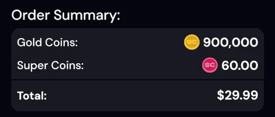 ScarletSands order summary for a coin purchase showing 900,000 Gold Coins and 60 Super Coins for a total of $29.99