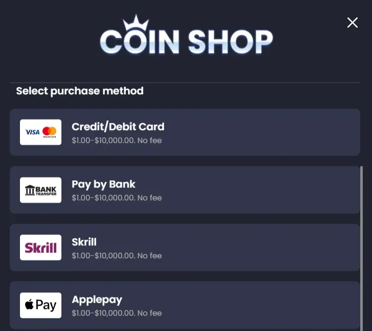 Splash Coins Coin Shop screen listing four purchase methods: credit or debit card, Pay by Bank, Skrill and Apple Pay, each marked no fee