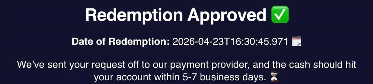 Spree email headed Redemption Approved, dated April 23, 2026, quoting 5 to 7 business days