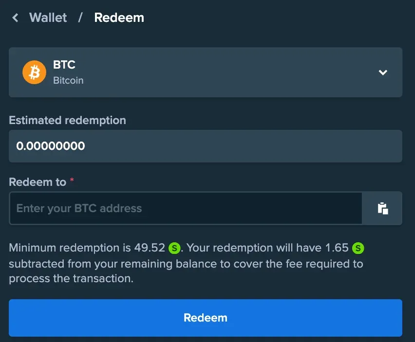 Stake.us Wallet Redeem screen for Bitcoin with an empty address box, a minimum redemption of 49.52 Stake Cash and a fee of 1.65 Stake Cash