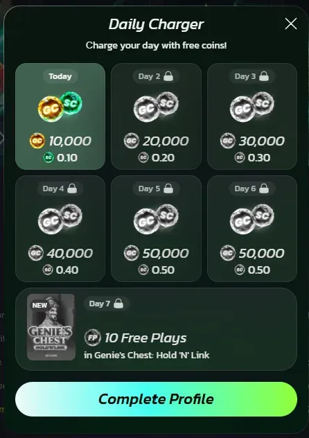 StormRush Daily Charger panel showing 10,000 GC and 0.10 SC today, up to 50,000 GC and 0.50 SC on Days 5 and 6, and 10 free plays on Day 7, with a Complete Profile button