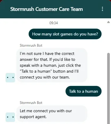 StormRush live chat where the bot says it is not sure of the answer, the player presses Talk to a human, and the bot says it will connect a support agent