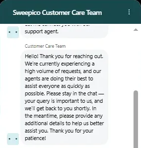 Sweepico live chat showing the bot handing over to a support agent, then an automated message about a high volume of requests