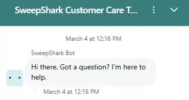 SweepShark Customer Care live chat window with an automated greeting from the SweepShark Bot