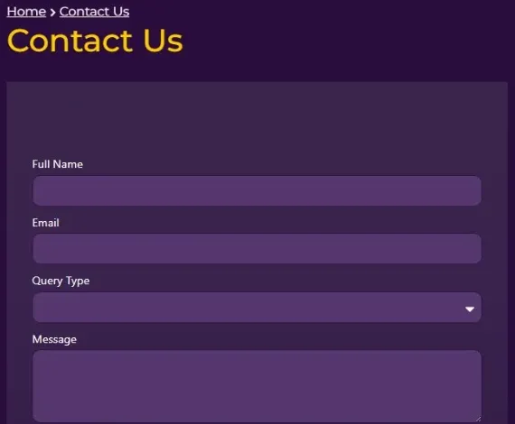 SweepSpot Contact Us page with an empty form asking for full name, email, query type and message