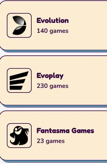 Sweet Sweeps Casino studio list showing Evolution with 140 games, Evoplay with 230 games and Fantasma Games with 23 games