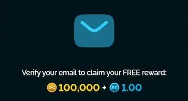 VegasWay email verification prompt showing a reward of 100,000 GC and 1.00 SC